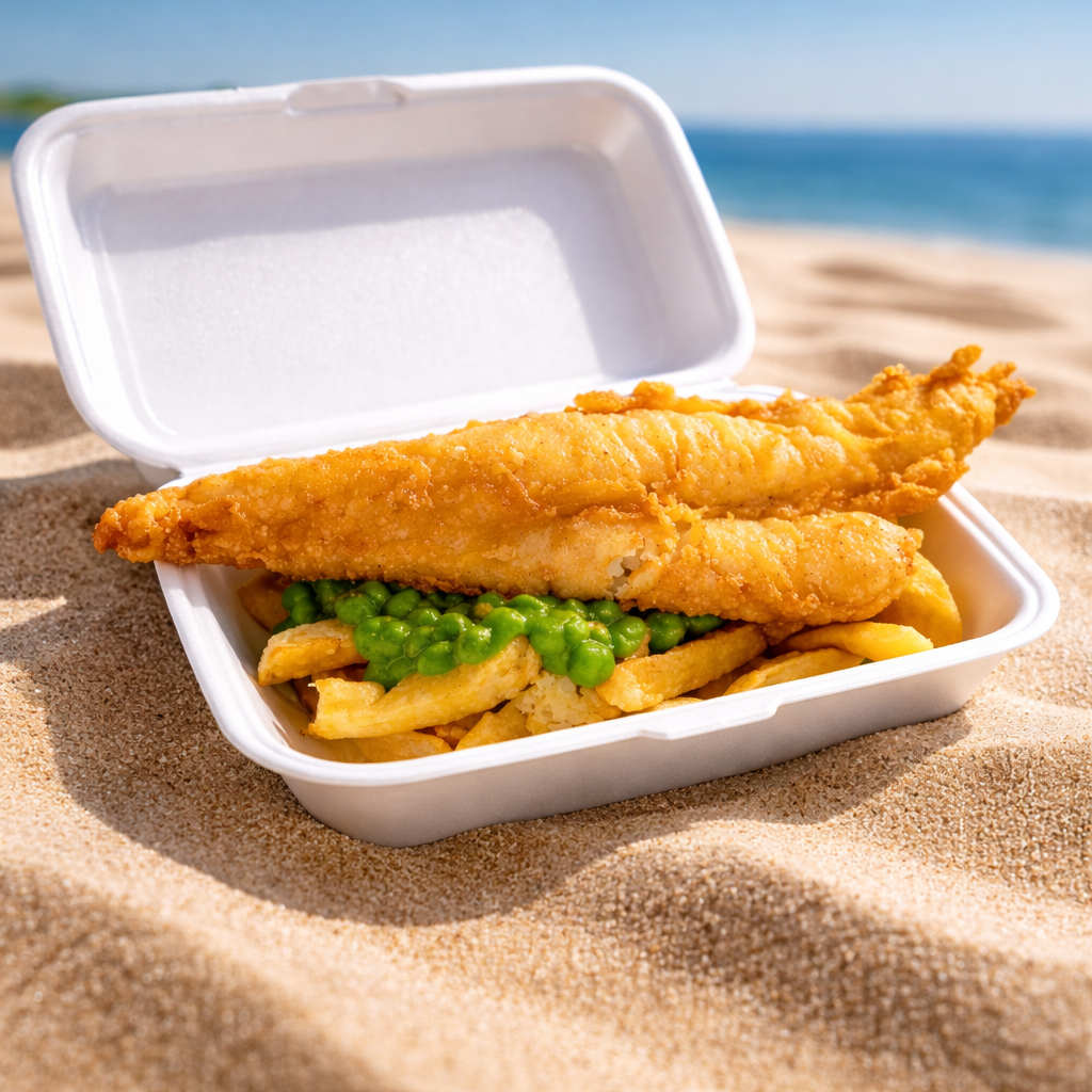 Fish, chips and peas served by the seaside