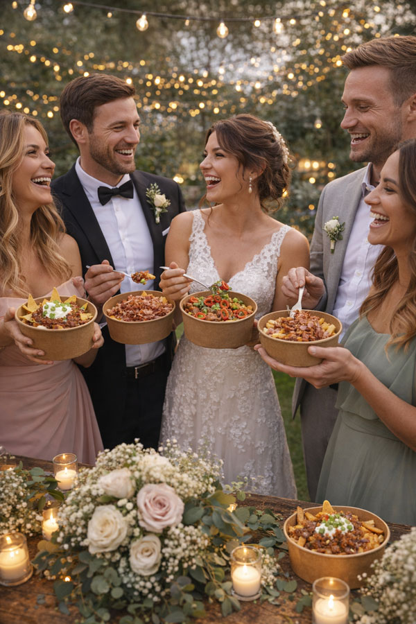Wedding guests enjoying loaded fries at an event catered by OceanView Catering